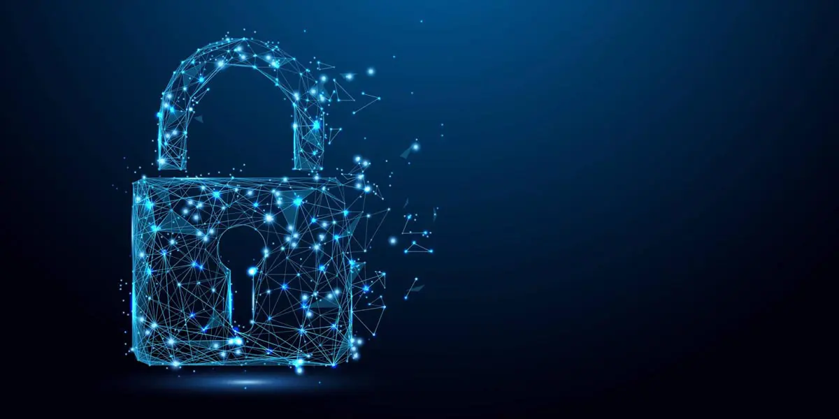 Digital padlock icon made of glowing blue network nodes representing cybersecurity