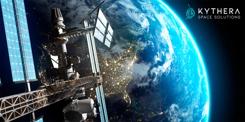 Kythera Space Solutions satellite over Earth at night showing city lights