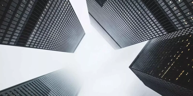 Low-angle view of downtown financial district skyscrapers