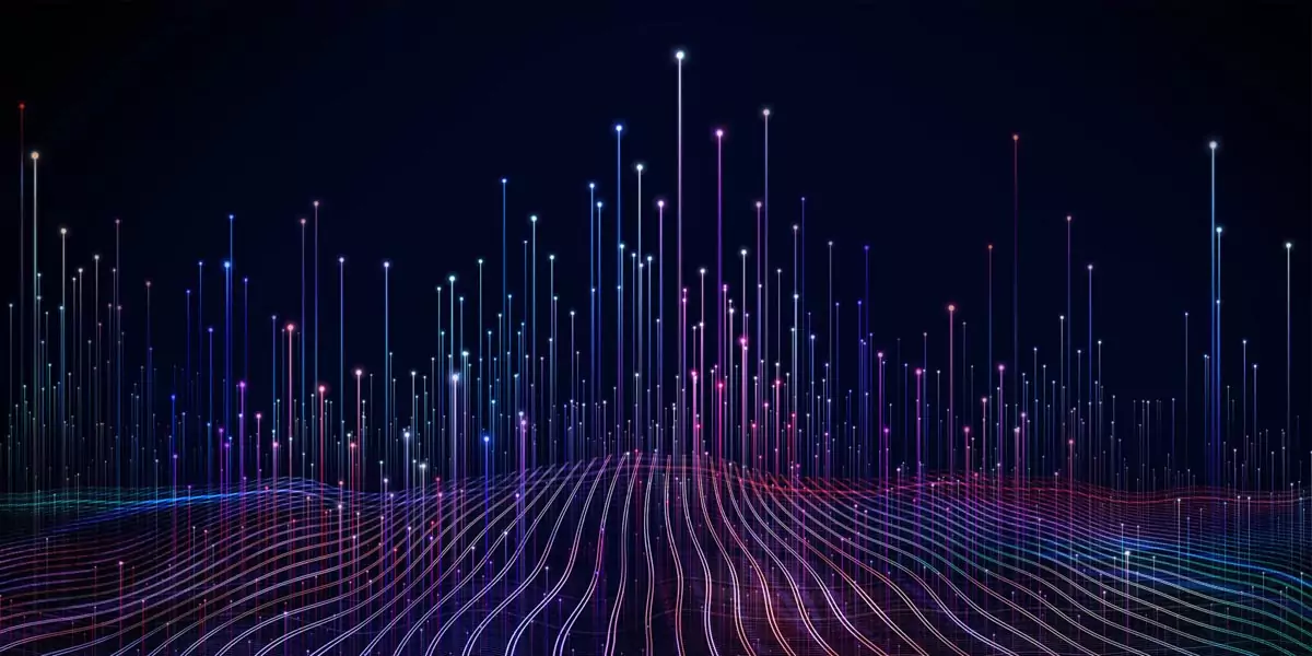 Abstract data visualization of colorful vertical light streaks representing a DevOps pipeline