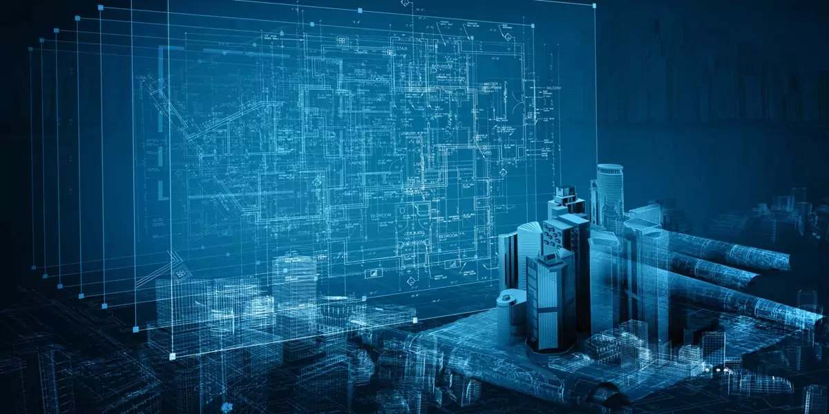 Architectural blueprint overlay on a 3D city building model