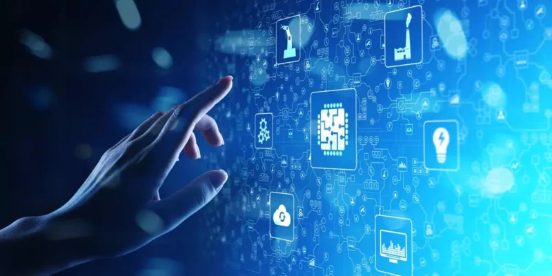 Hand touching a digital interface with industrial and cloud icons