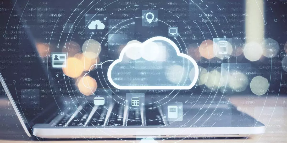 Laptop with a glowing cloud icon surrounded by connected device icons representing NAT gateways