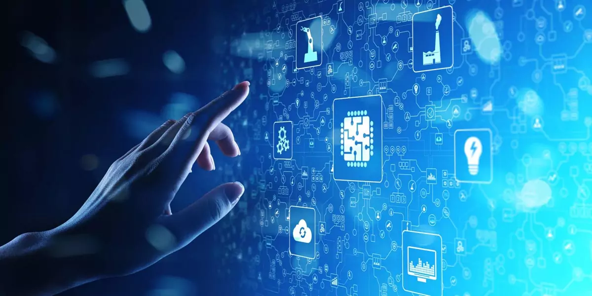 Hand touching a digital interface with industrial and data integration icons