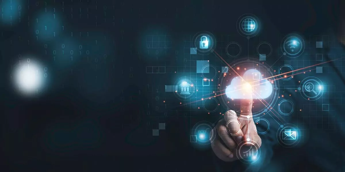 Hand pointing toward a glowing cloud icon surrounded by security and network icons