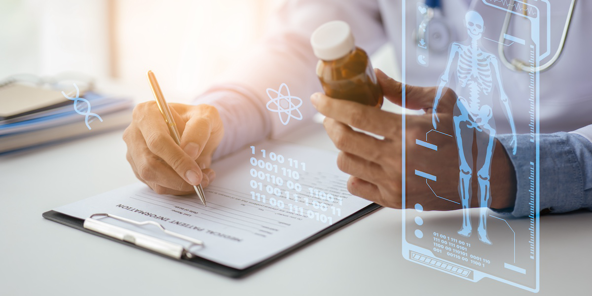 Doctor's hands writing on a patient chart beside a pill bottle