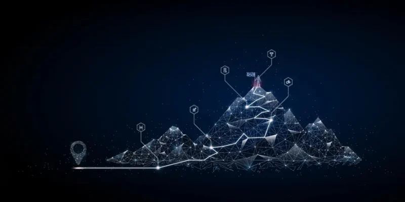 Digital wireframe mountain illustration with a path leading to a flag at the summit