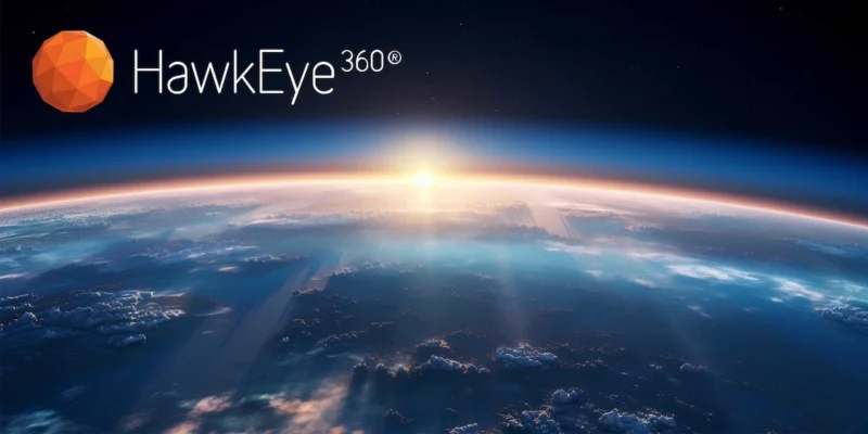 HawkEye 360 logo over Earth viewed from orbit at sunrise