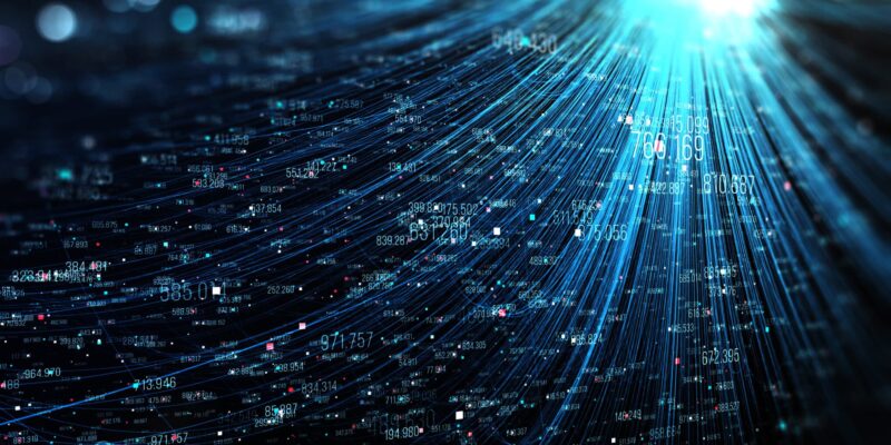 Abstract digital data stream tunnel with glowing numbers and light trails