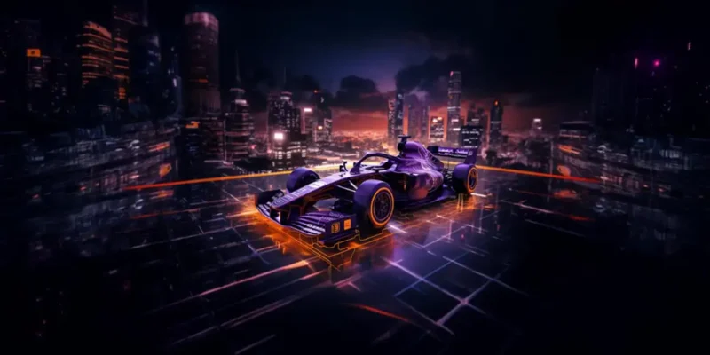 Formula 1 race car speeding through a futuristic digital city, symbolizing platform engineering agility