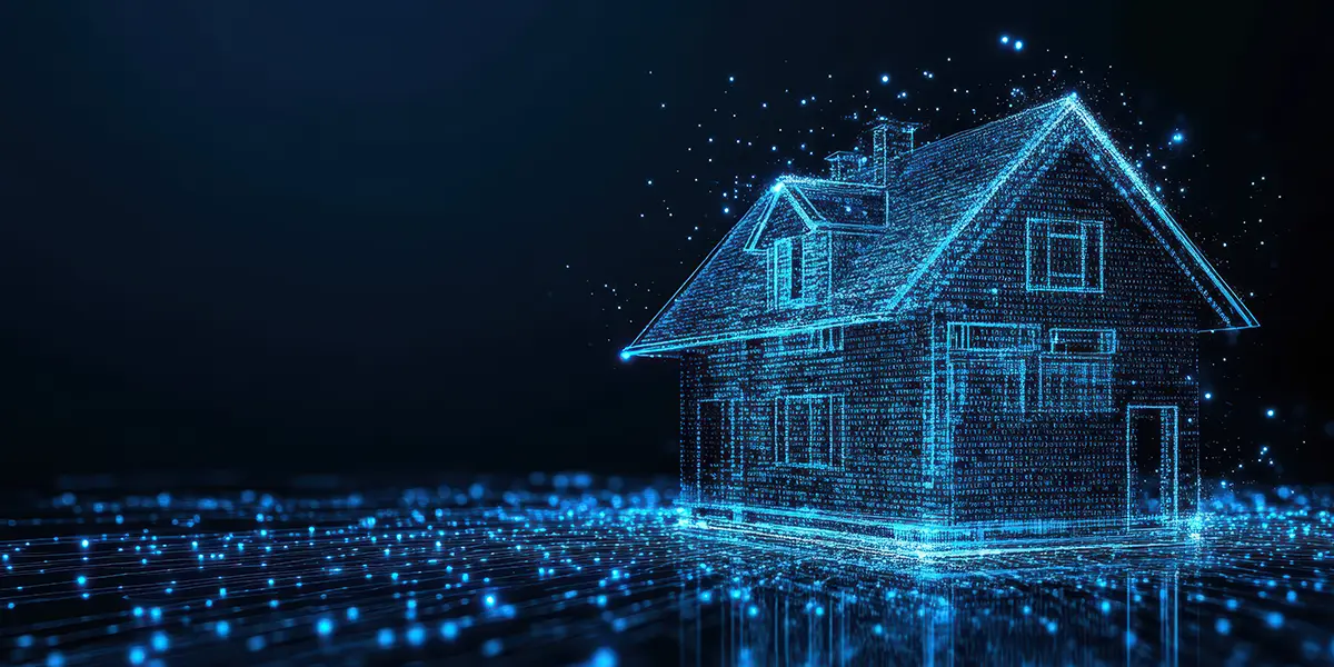 Glowing digital wireframe of a house representing housing data