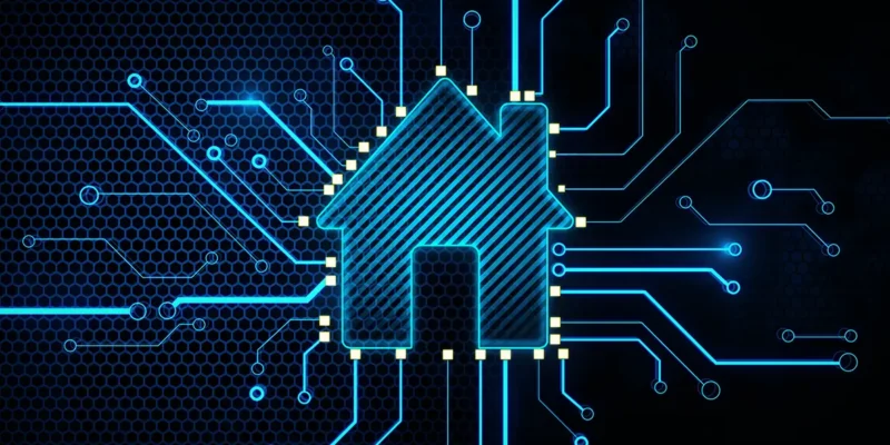 Glowing circuit-board house icon representing smart home automation