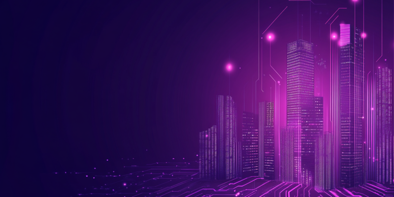 Purple digital city skyline with circuit-board pathways representing enterprise AI technology