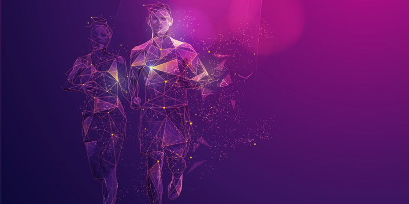 Abstract purple digital illustration of two people jogging