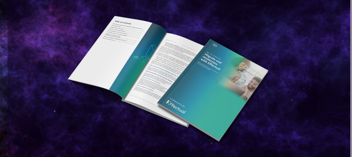 Cover mockup of the "Migrate and Modernize with Effectual" AWS eBook with colleagues collaborating