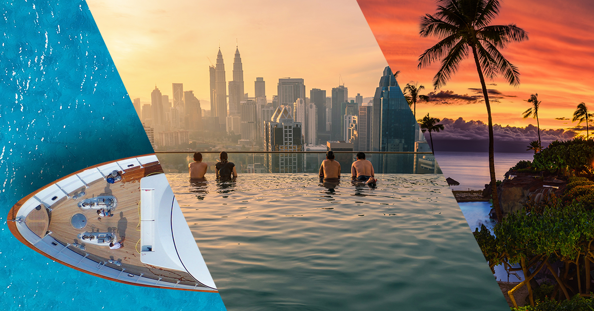 Collage of a yacht, an infinity pool overlooking a city, and a tropical resort sunset representing travel and hospitality