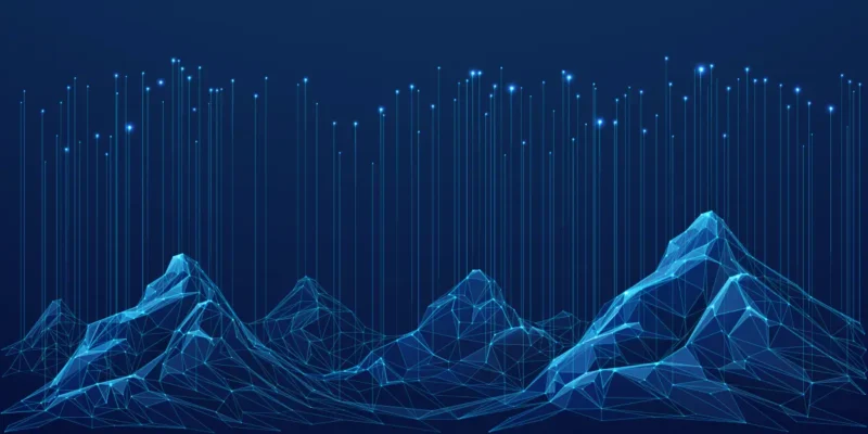 Abstract digital illustration of mountains with data streams