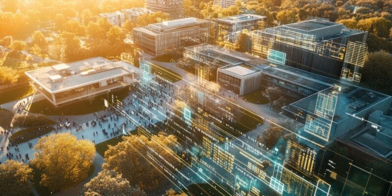 Aerial view of a research institute campus with digital data overlay